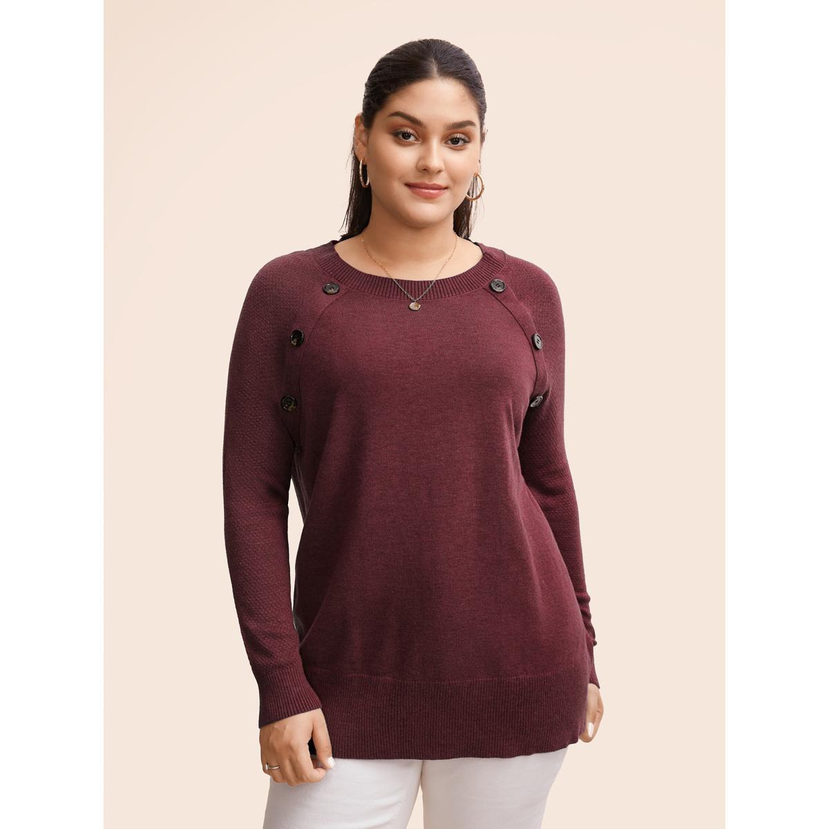 Plus Size Supersoft Essentials Button Detail Raglan Sleeve Pullover Scarlet Women Casual Long Sleeve Round Neck Dailywear Pullovers BloomChic 26/4X Product Image
