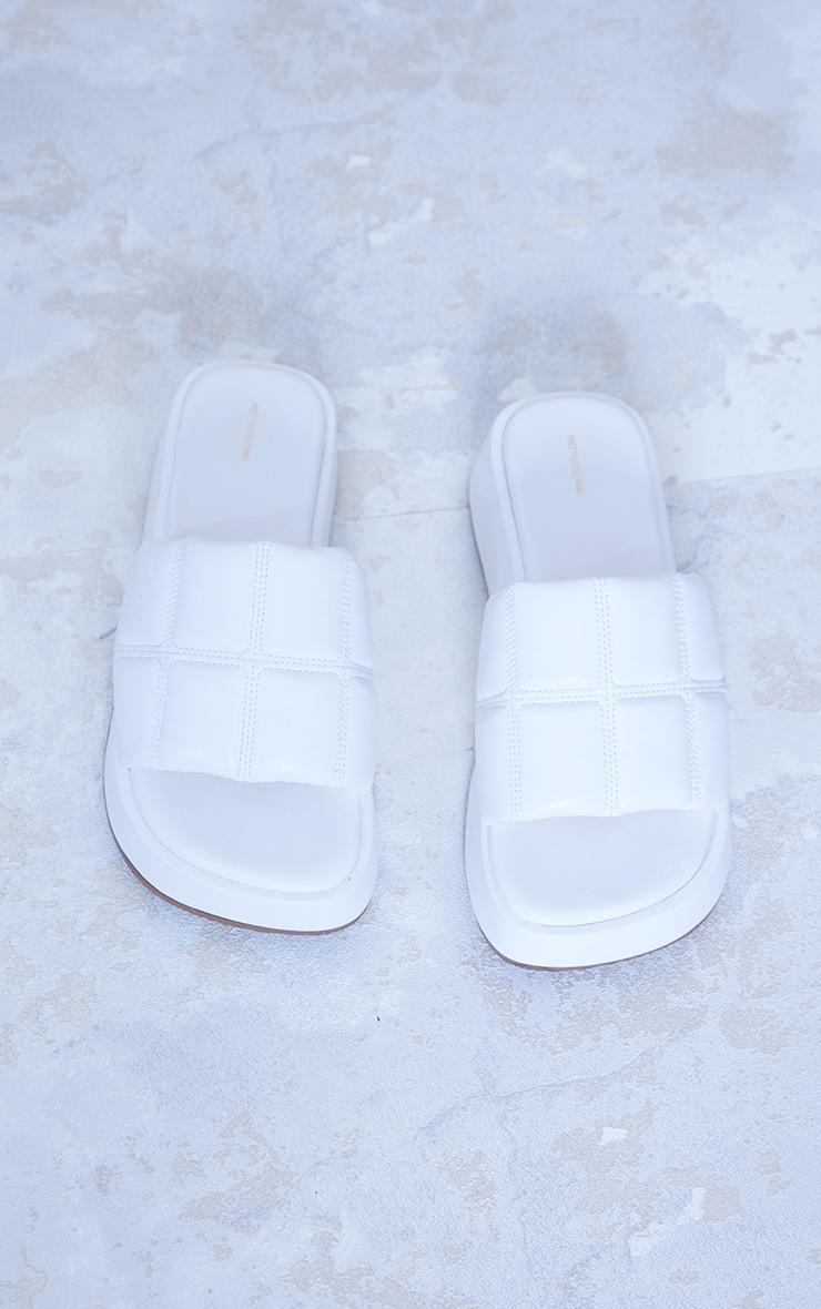 White Faux Leather Square Thick Quilted Padded Strap Slides Product Image