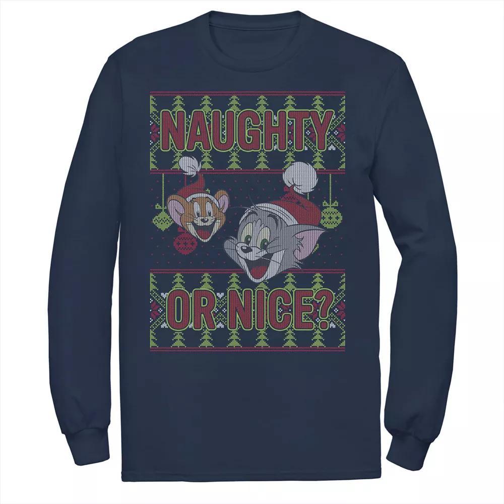 Men's Tom And Jerry Naughty Or Nice Holiday Pattern Tee, Size: XXL, Blue Product Image
