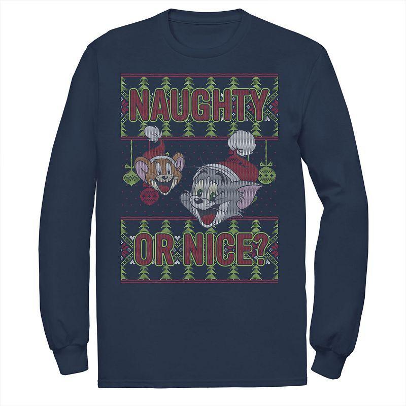 Men's Tom And Jerry Naughty Or Nice Holiday Pattern Tee, Size: XXL, Blue Product Image