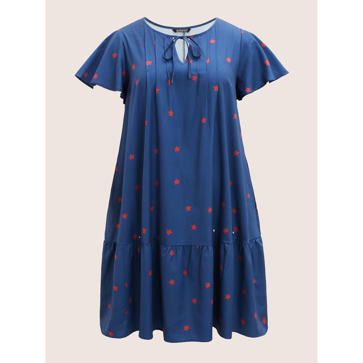 Plus Size Star Pleated Tie Knot Ruffle Sleeve Dress Mediumblue Women Casual Notched collar Short sleeve Curvy BloomChic 30/6X Product Image