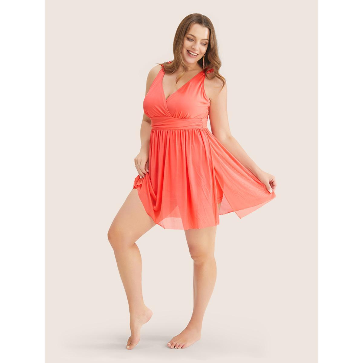 Plus Size Sculpt Waist Ruched Split Hem Swim Dress Women's Swimwear Salmon Beach Bodycon V-neck High stretch Curve Swim Dresses BloomChic 30/6X Product Image