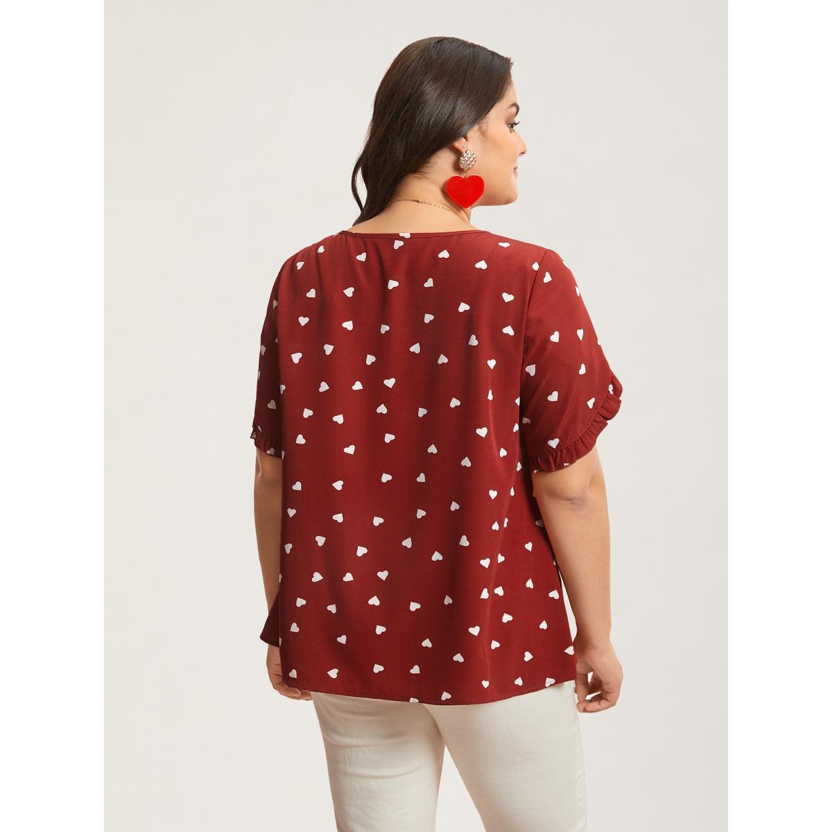 Plus Size Scarlet Ruffled Overlap Sleeve Heart Pattern Blouse Women Elegant Short sleeve Round Neck Everyday Blouses BloomChic 22-24/3X Product Image
