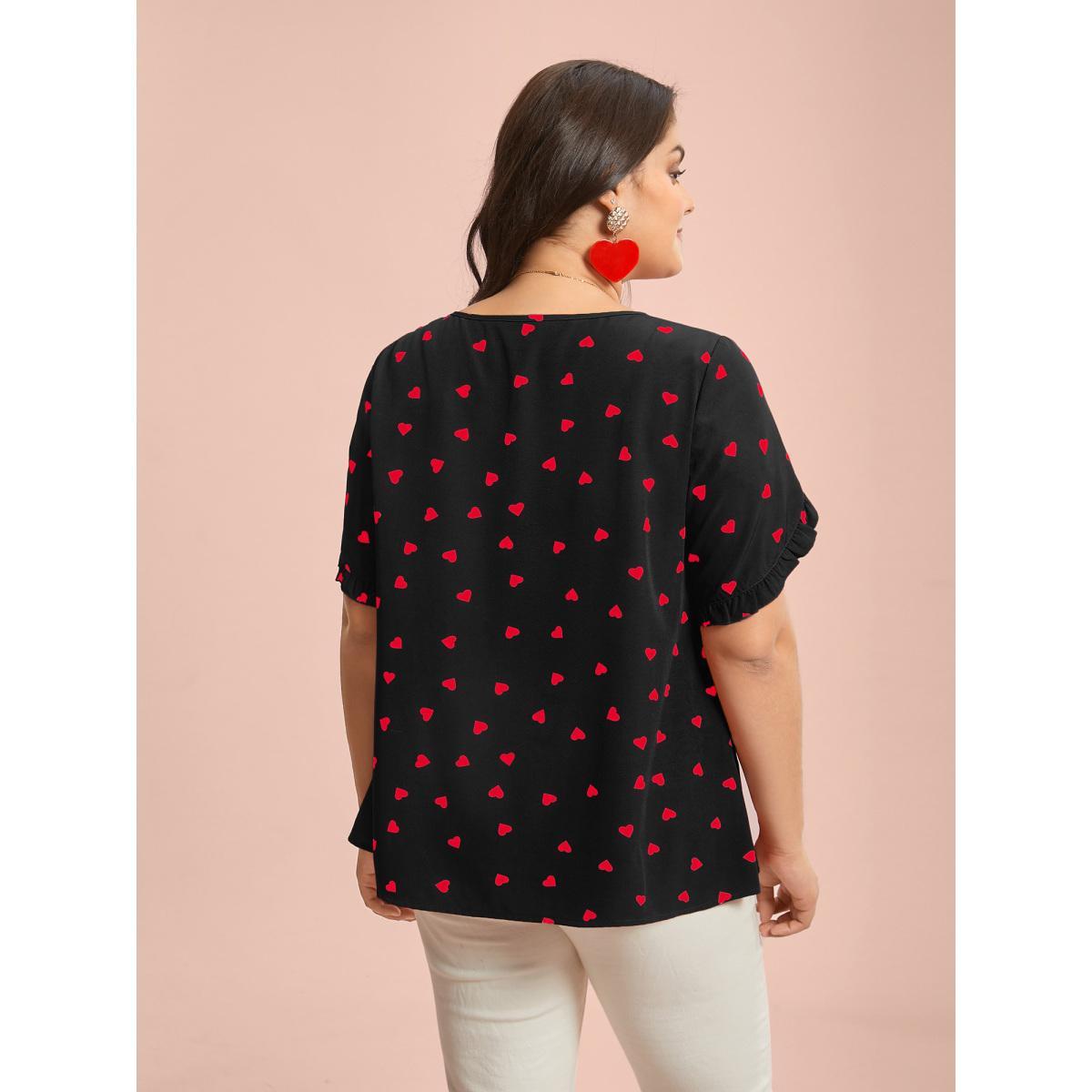 Plus Size Black Ruffled Overlap Sleeve Heart Pattern Blouse Women Elegant Short sleeve Round Neck Everyday Blouses BloomChic 30/6X Product Image