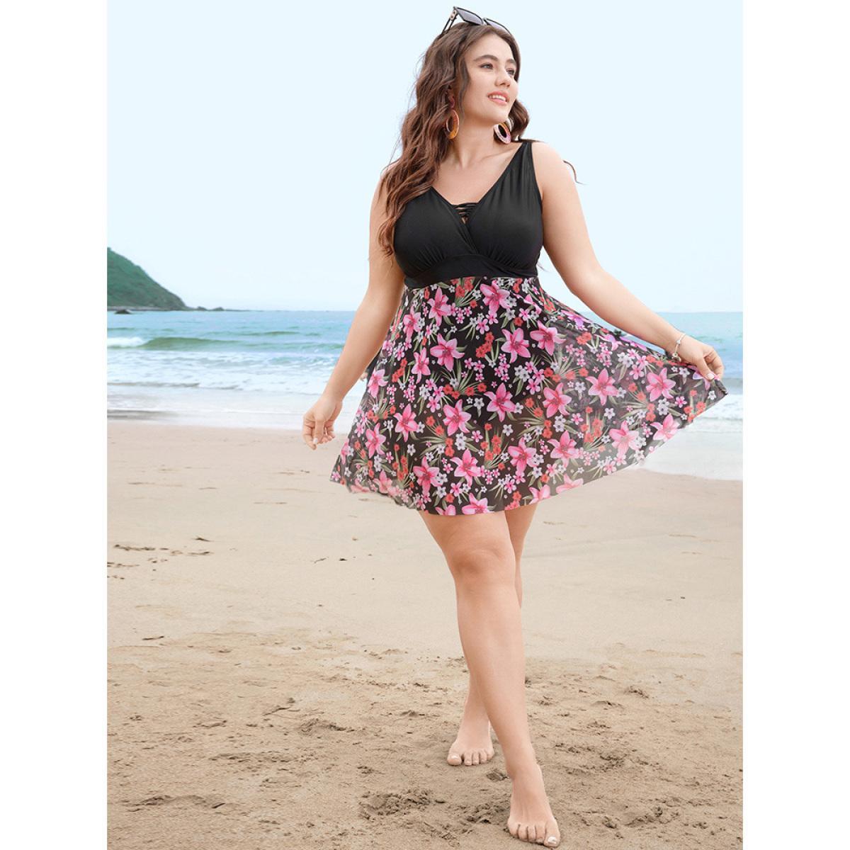 Plus Size Floral Mesh Hem Crisscross Front Wrap Swim Dress Women's Swimwear BlackFlower Bodycon V-neck High stretch Curve Swim Dresses BloomChic 12/L Product Image