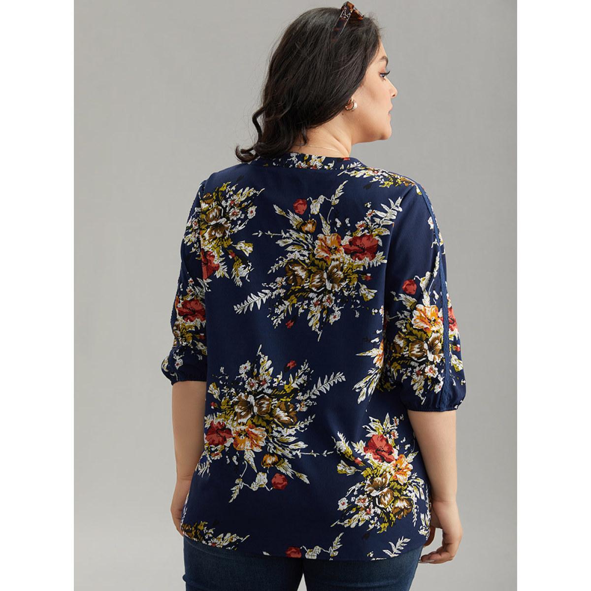Plus Size Indigo Floral Print Notched Elastic Cuffs Blouse Women Elegant Elbow-length sleeve V-neck Dailywear Blouses BloomChic 28/5X Product Image