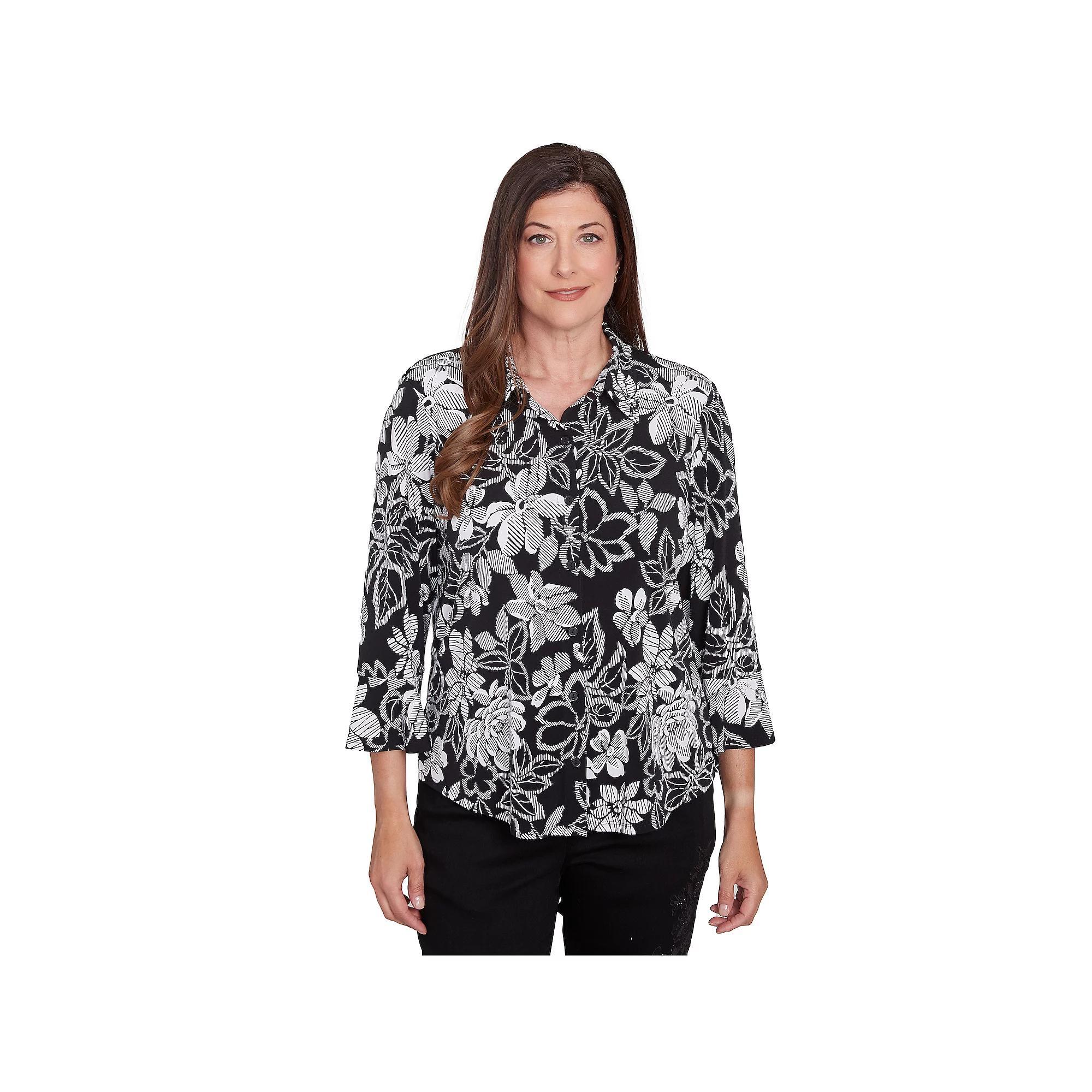 Women's Alfred Dunner Floral Puff Print Button Down Top, Size: Small, Black And White Product Image