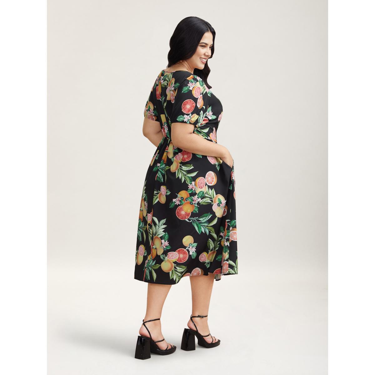 Plus Size Fruits of Spring Puff Sleeve Midi Dress BlackFlower Women Elegant Non Heart neckline Short sleeve Curvy BloomChic 18-20/2X Product Image