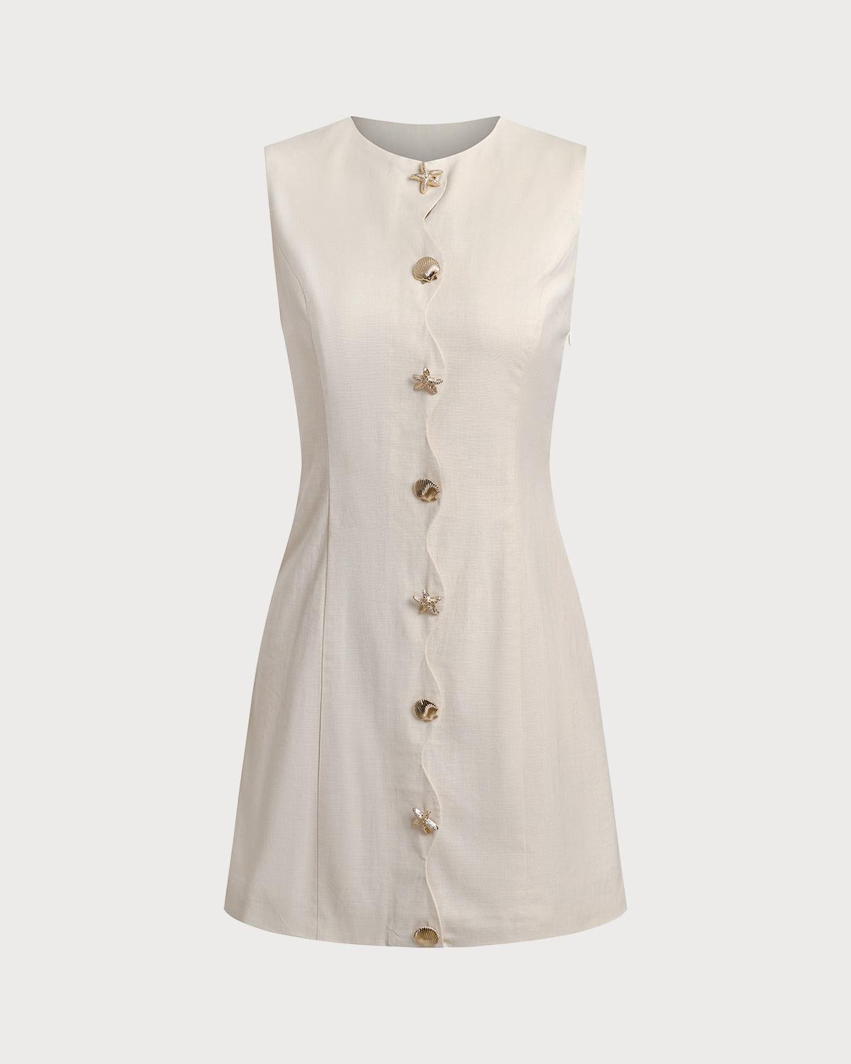 Yellow Round Neck Button Sleeveless Mini Dress Product Image