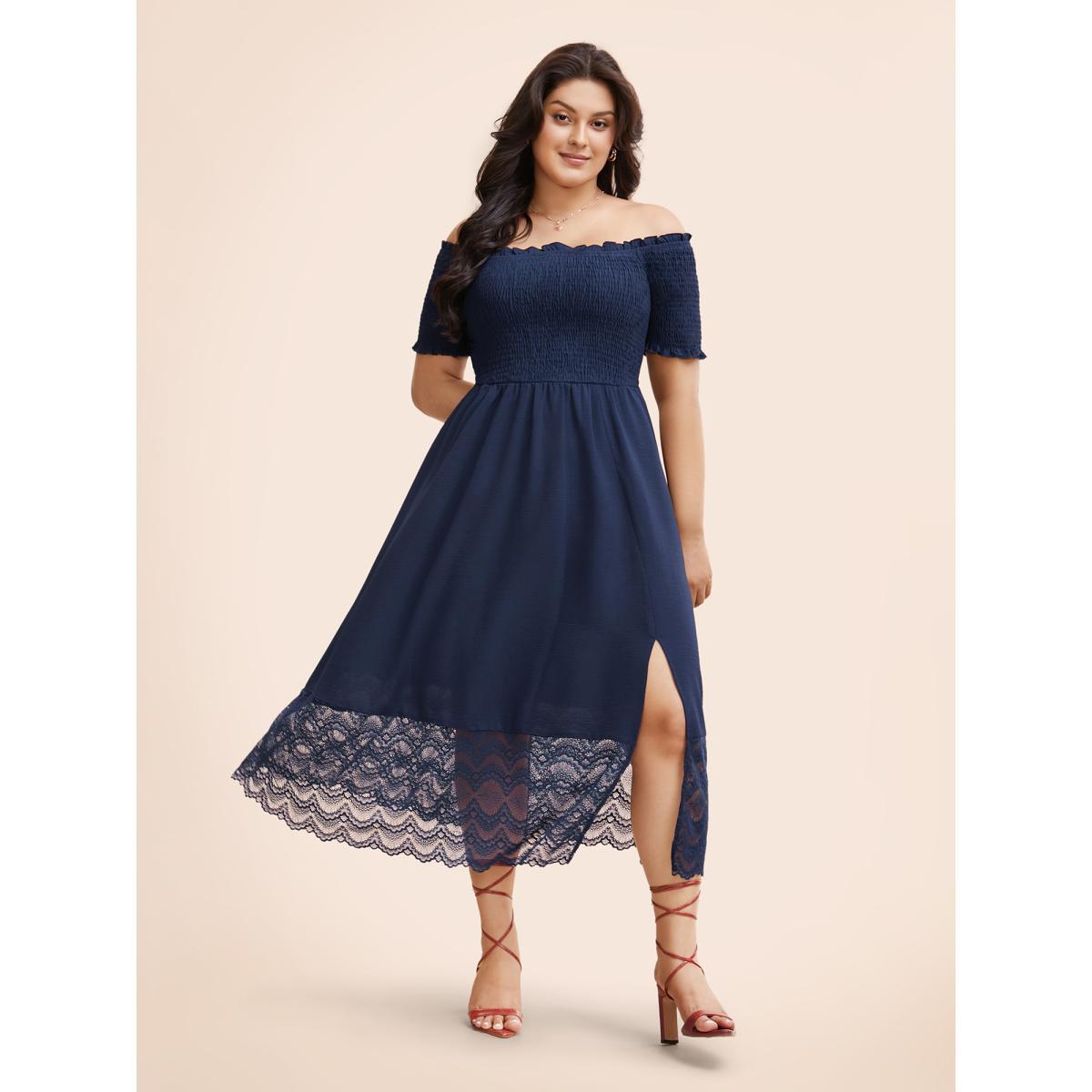Plus Size Off Shoulder Shirred Lace Patchwork Dress Indigo Women Elegant Woven ribbon&lace trim One-shoulder neck Short sleeve Curvy BloomChic 14-16/1X Product Image