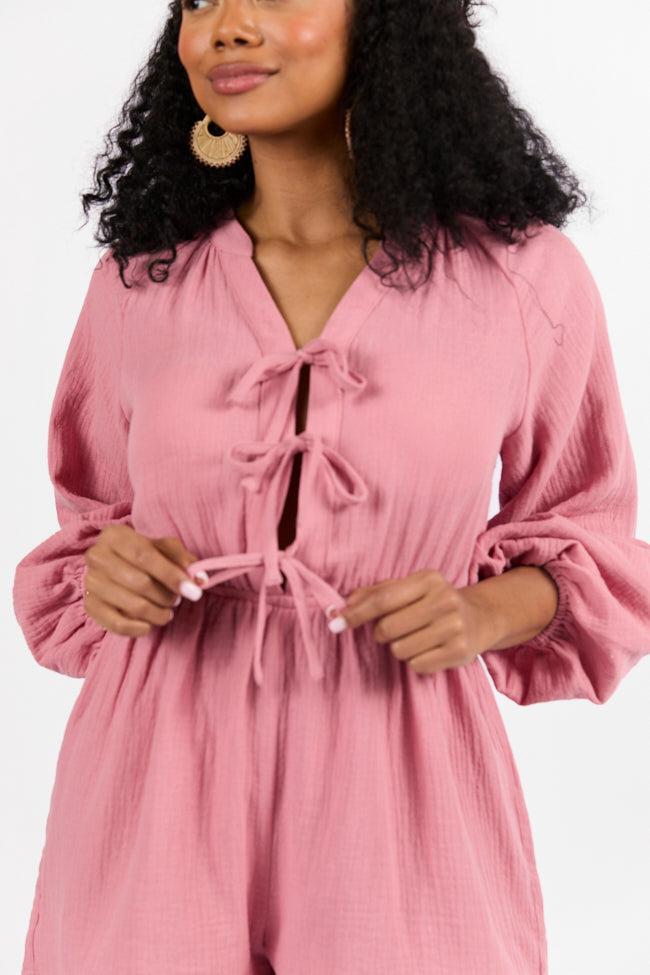 Endless Sunshine Pink Tie Front Long Sleeve Romper FINAL SALE Product Image