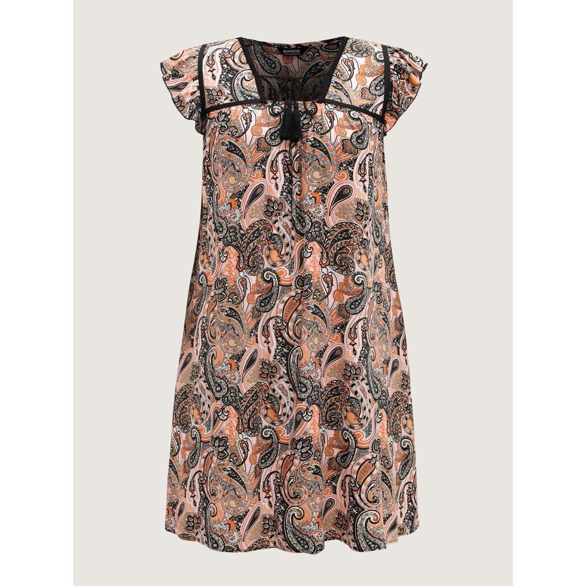 Plus Size Rayon Paisley Print Neck Tie Midi Dress Multicolor Women Square Neck Cap Sleeve Curvy BloomChic 14-16/1X Product Image
