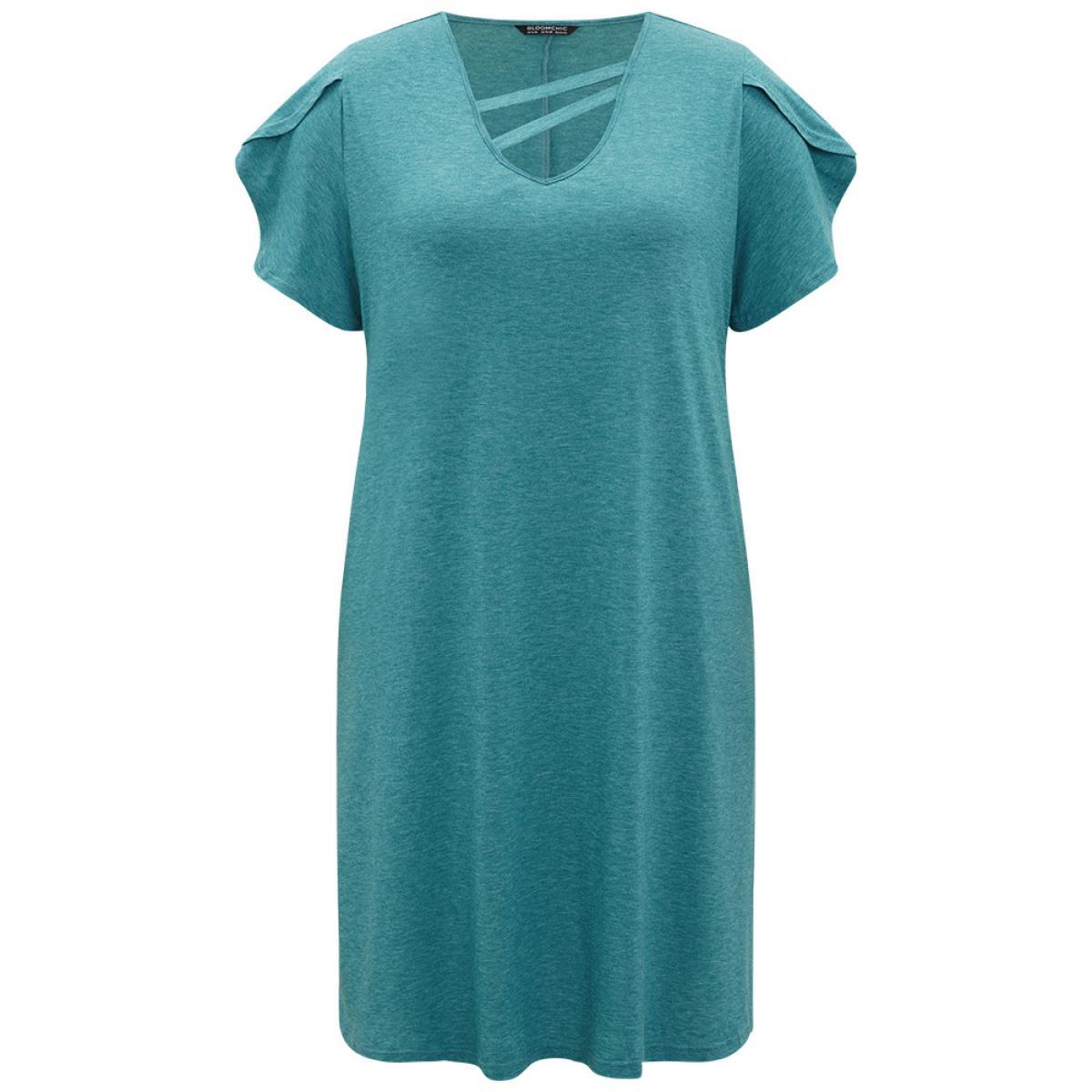 Plus Size Supersoft Essentials Solid Pocket Keyhole Petal Sleeve Dress Cerulean Women Casual Plain V-neck Short sleeve Curvy Midi Dress BloomChic 10/M Product Image