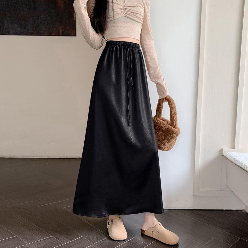 Drawstring Waist Plain Faux Leather Midi A-Line Skirt Product Image