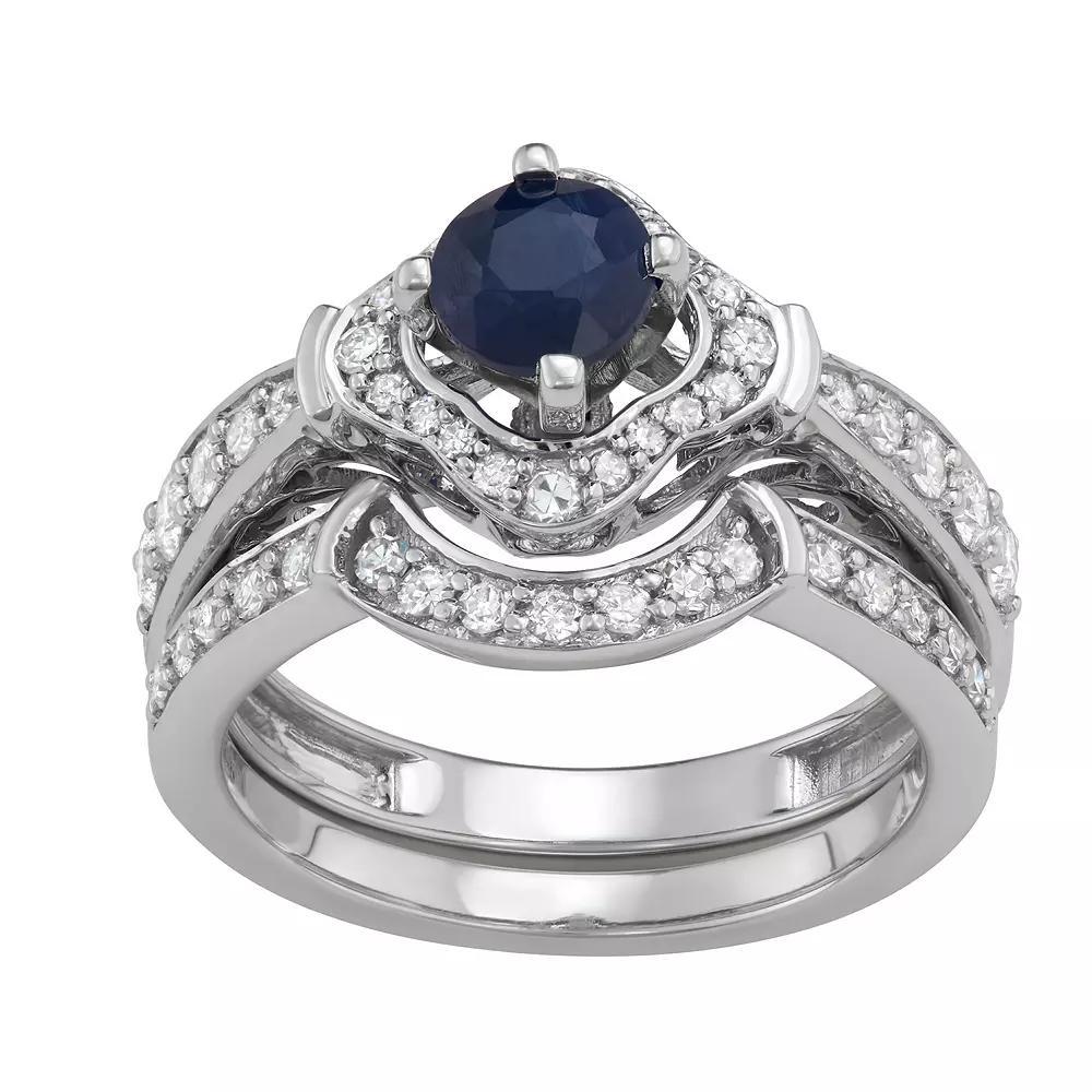 14k White Gold 1/2 Carat T.W. Diamond & Gemstone Halo Engagement Ring Set, Women's, Size: 5, Blue Blue Product Image
