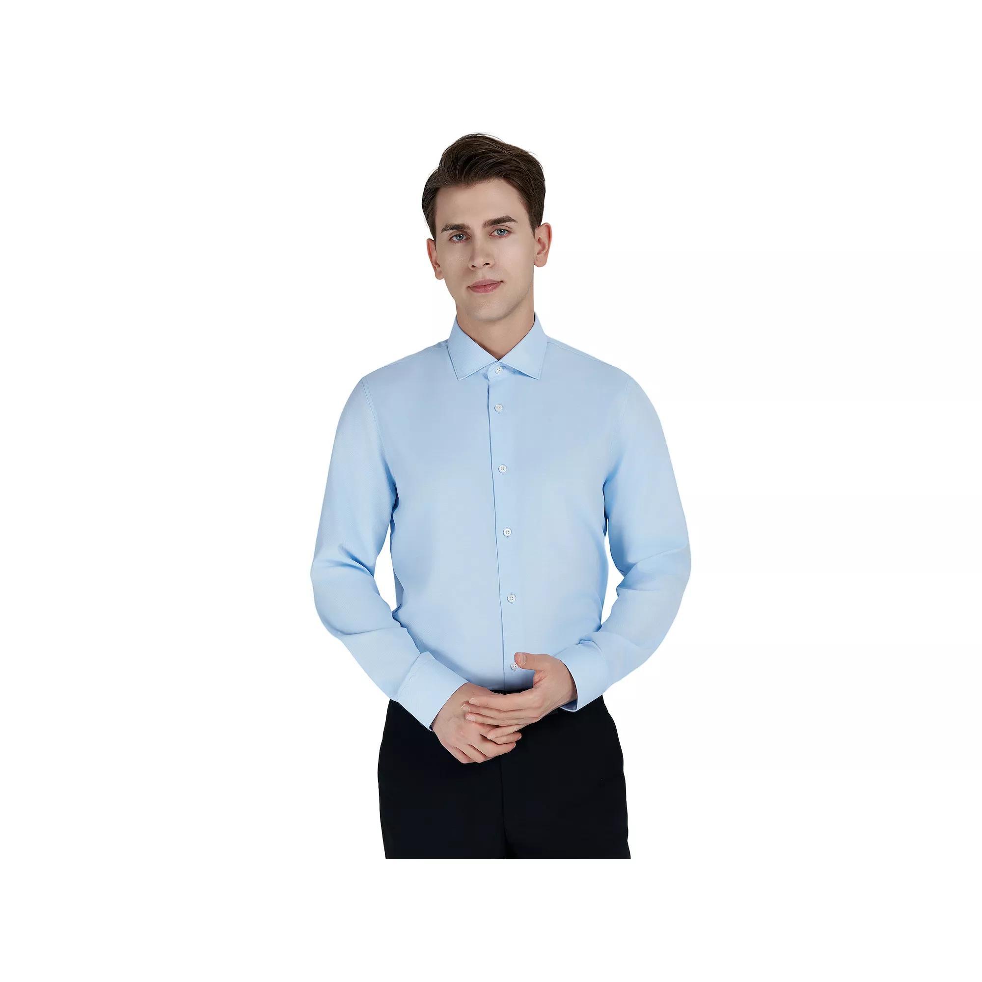 Men's Bespoke Slim-Fit Textured Easy Care Dress Shirt, Size: Small 32-33, Blue Product Image