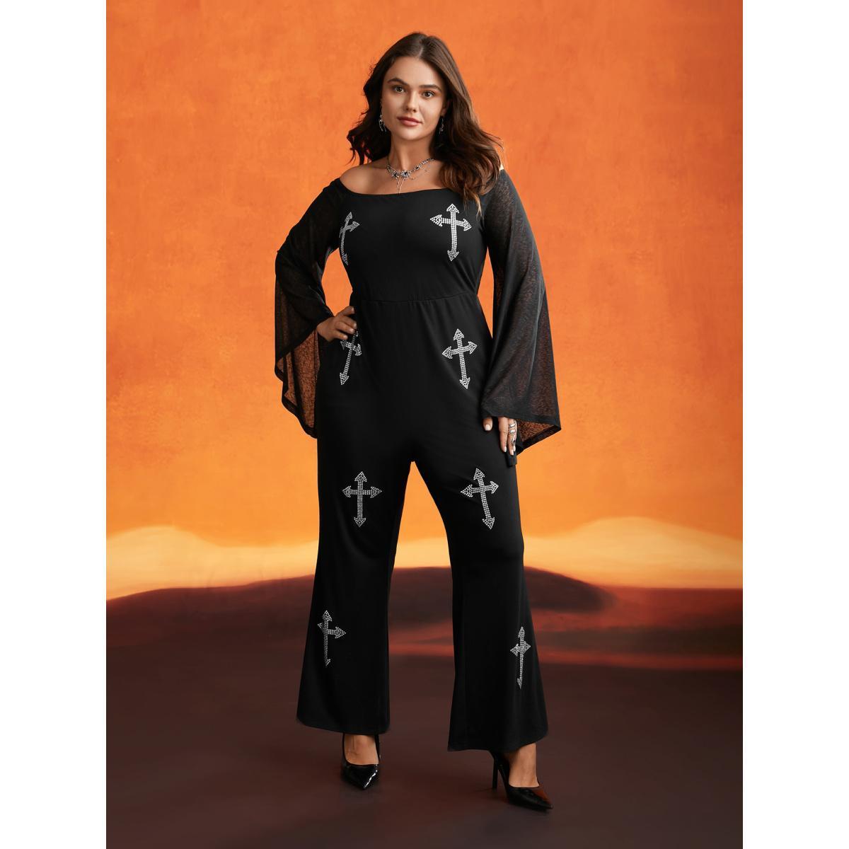 Plus Size Black Gothic Glam Off-Shoulder Waist-Cinching Jumpsuit Women Cocktail Extra Long Sleeve One-shoulder neck Party Loose Jumpsuits BloomChic 28/5X Product Image
