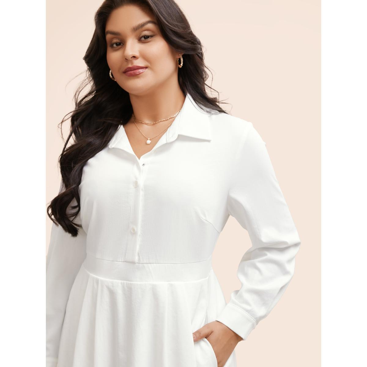 Plus Size Plain Shirt Collar Shirred Bubble Dress Originalwhite Women Elegant Button Shirt collar Long Sleeve Curvy BloomChic 14-16/1X Product Image