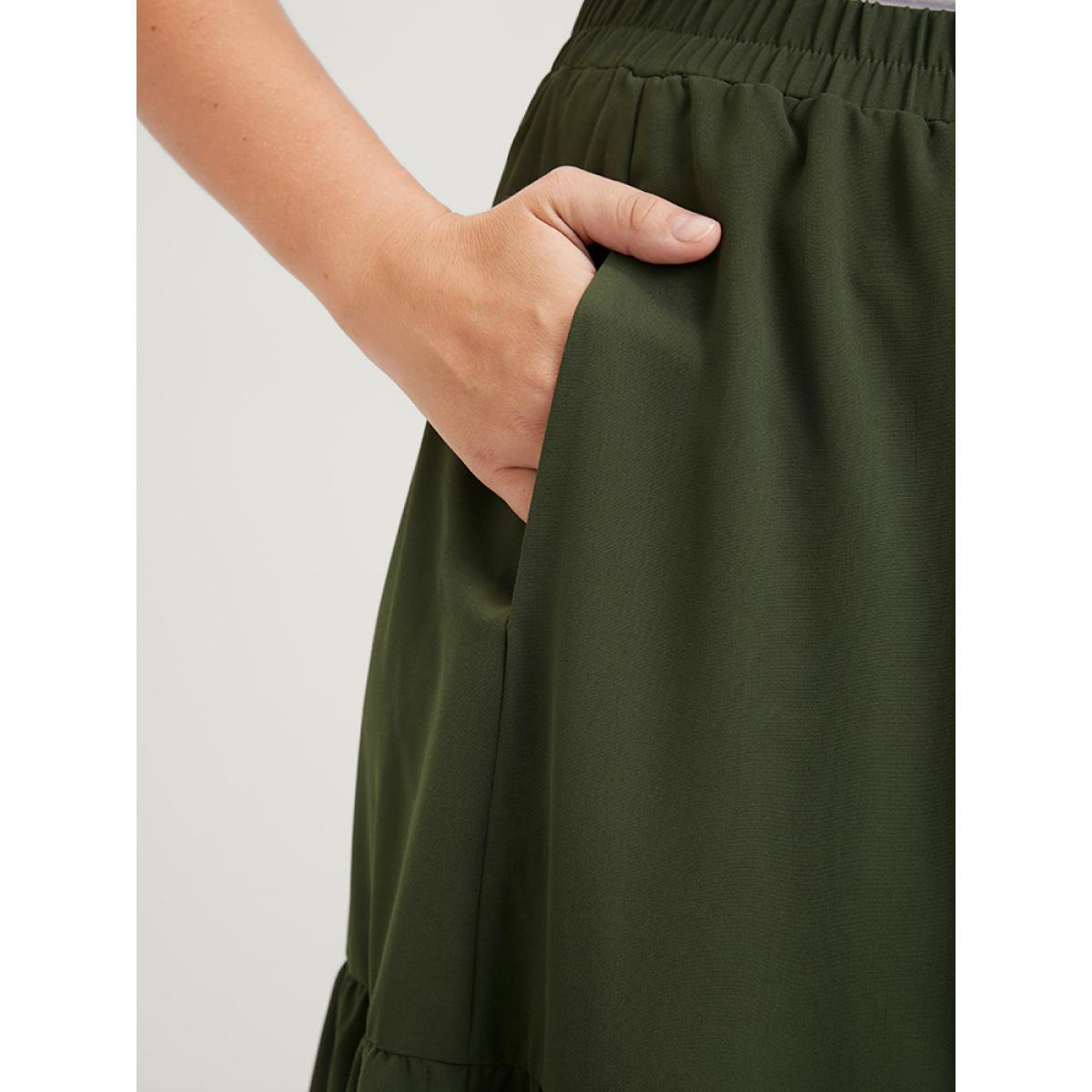 Plus Size Solid Pocket Lace Trim Ruffle Hem Skirt Women ArmyGreen Elegant Patchwork Low stretch Pocket Dailywear Skirts BloomChic 22-24/3X Product Image