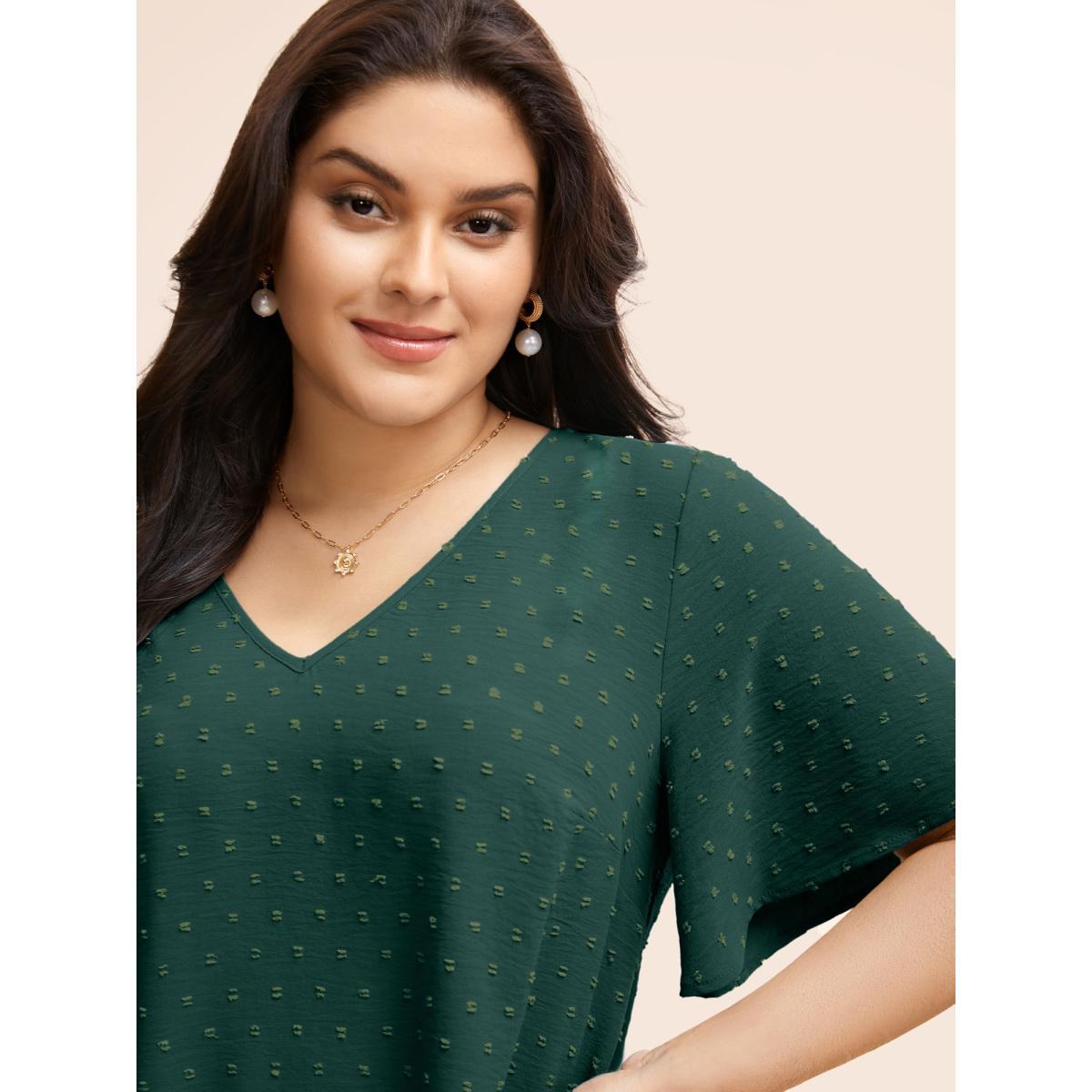 Plus Size DarkGreen Polka Dot Lace Sleeve Blouse Women Elegant Short sleeve V-neck Everyday Blouses BloomChic 12/L Product Image