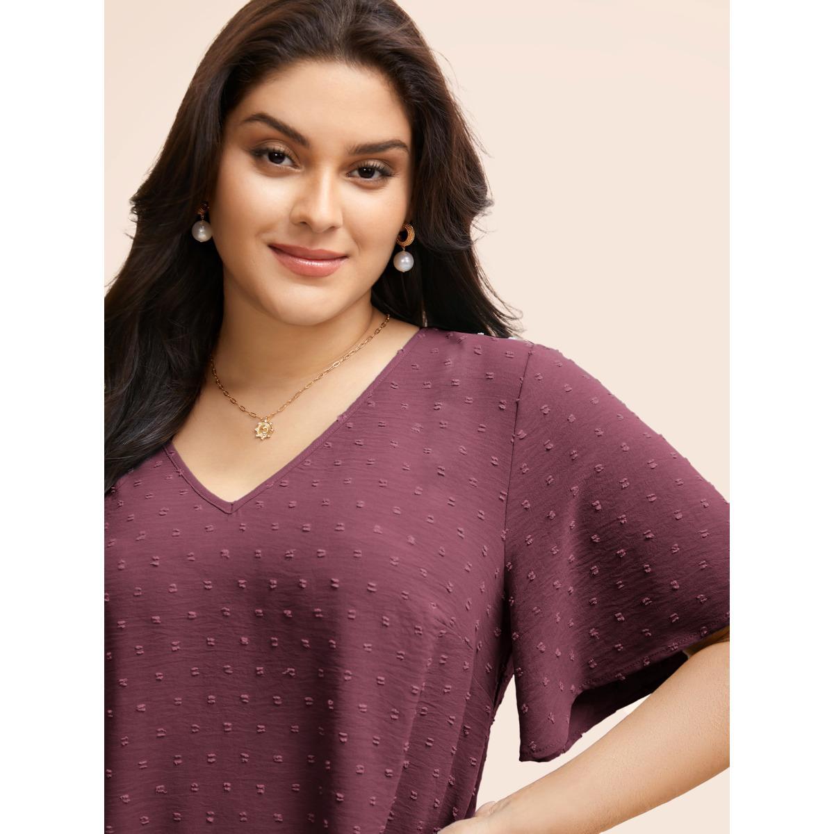 Plus Size Purple Polka Dot Lace Sleeve Blouse Women Elegant Short sleeve V-neck Everyday Blouses BloomChic 12/L Product Image