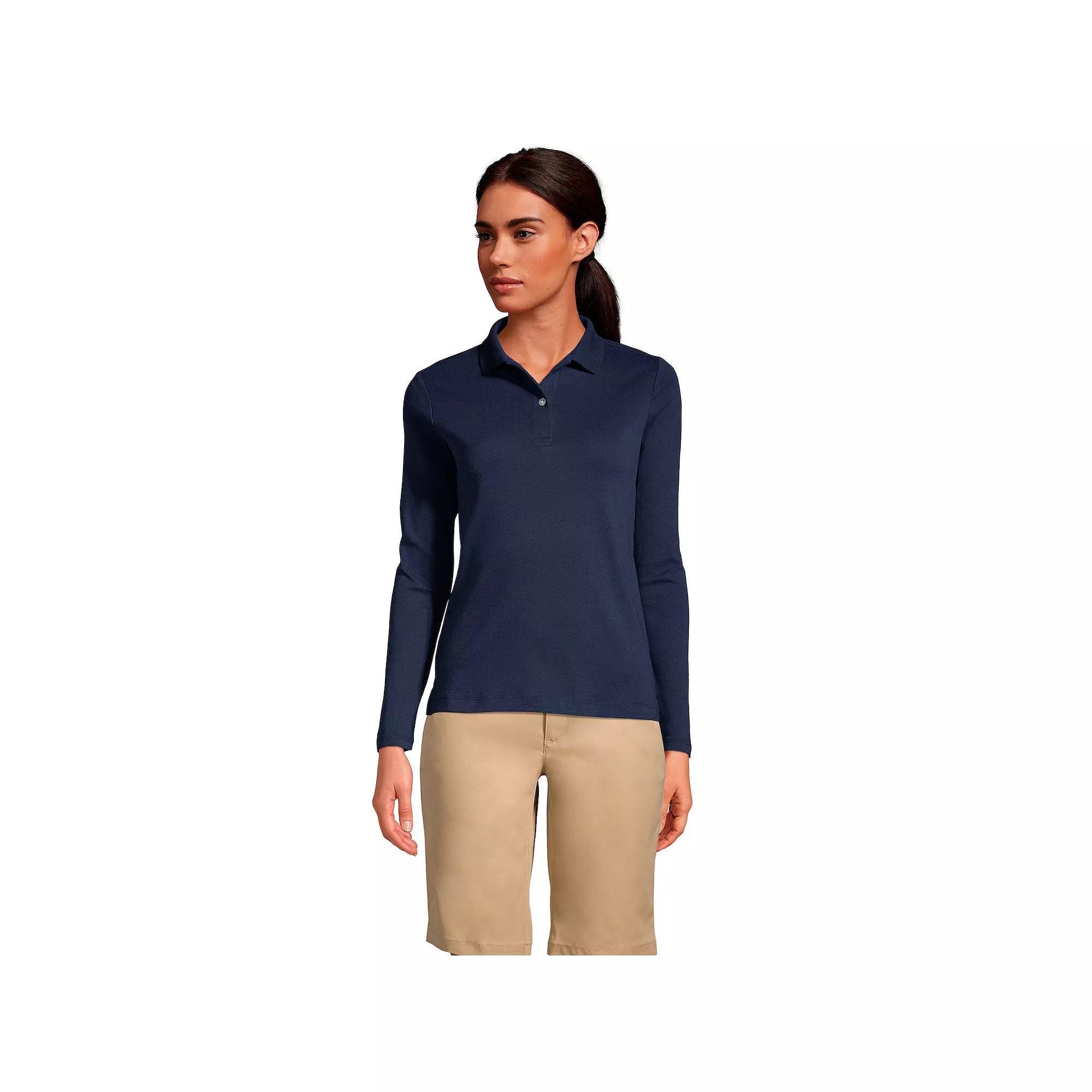 Women's Lands' End School Uniform Long Sleeve 2-Button Interlock Polo Shirt, Size: XS, White Product Image