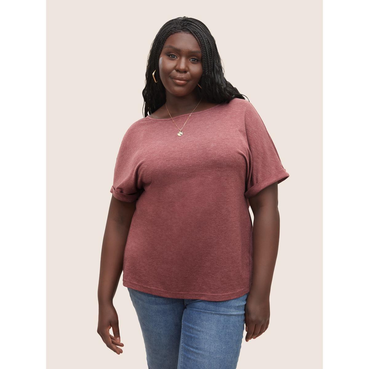 Plus Size Heather Button Detail Dolman Sleeve T-shirt Russet Women Casual Button Plain Round Neck Everyday T-shirts BloomChic 12/L Product Image