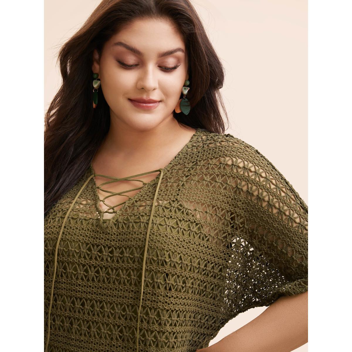 Plus Size Crocheted Lace Up Dolman Sleeve Tiered Dress ArmyGreen Women Casual Texture V-neck Half Sleeve Curvy BloomChic 18-20/2X Product Image