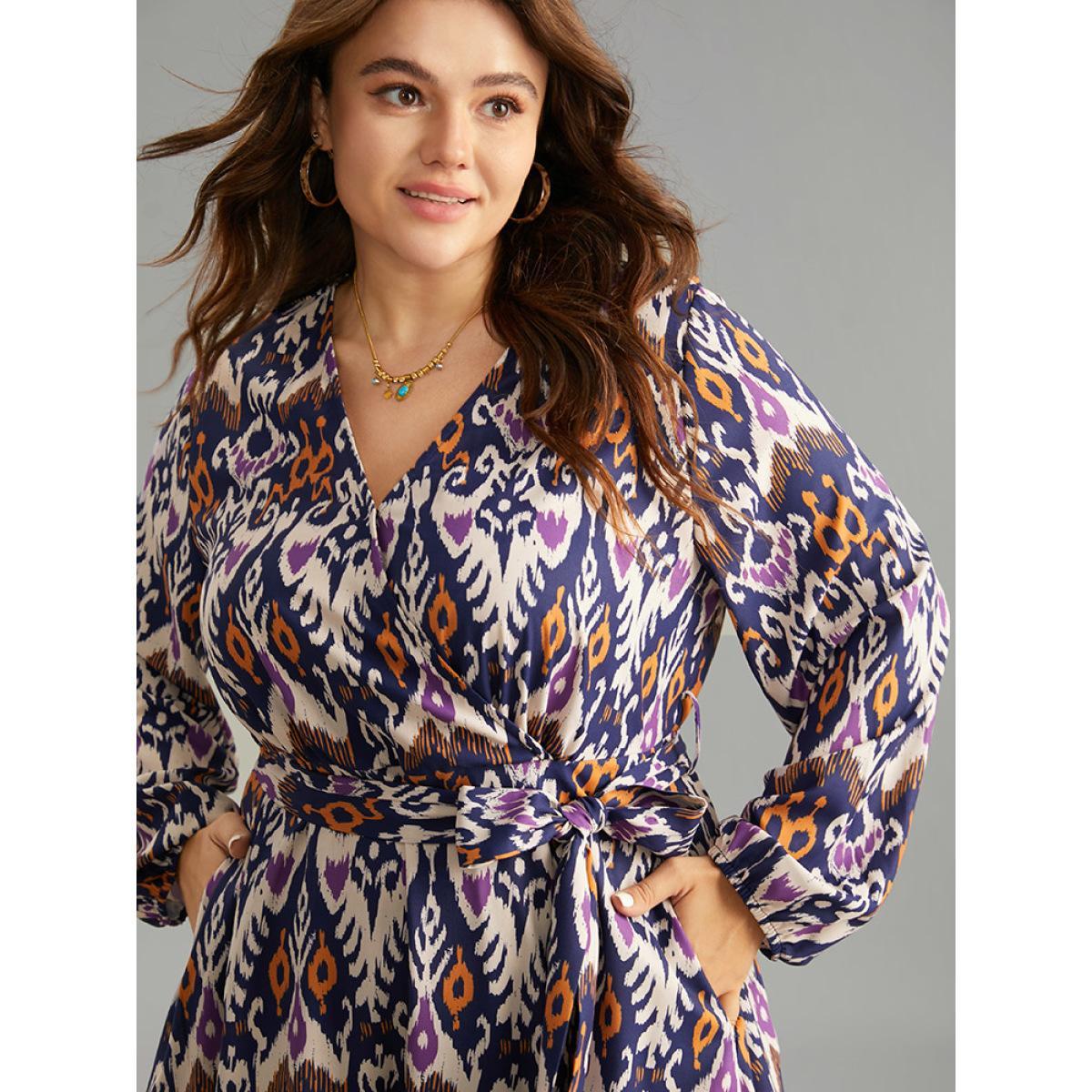 Plus Size Boho Print Overlap Collar Elastic Waist Belted Dress DarkBlue Women Resort Elastic cuffs Overlap Collar Long Sleeve Curvy Midi Dress BloomChic 18-20/2X Product Image
