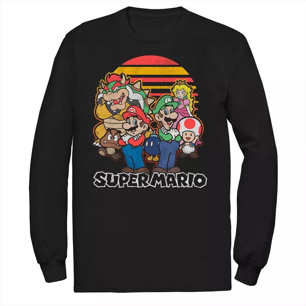 Men's Super Mario Retro Sunset Group Shot Long Sleeve Tee, Size: 3XL Tall, Black Product Image