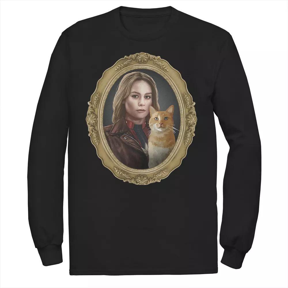 Men's Marvel Captain Marvel And Goose Gold Frame Photograph Long Sleeve Graphic Tee, Size: Large, Black Product Image