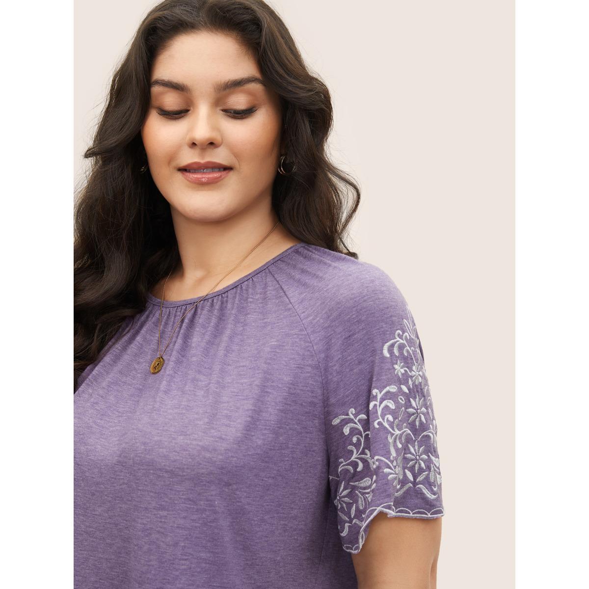 Plus Size Embroidered Scalloped Trim Gathered T-shirt BlueViolet Women Elegant Embroidered Round Neck Everyday T-shirts BloomChic 18-20/2X Product Image