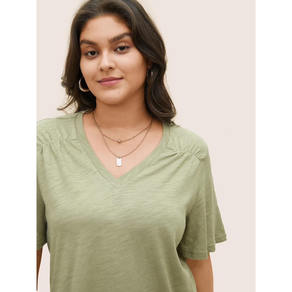 Plus Size Plain Ruffle Sleeve Heather V Neck T-shirt Sage Women Casual Plain V-neck Everyday T-shirts BloomChic 22-24/3X Product Image