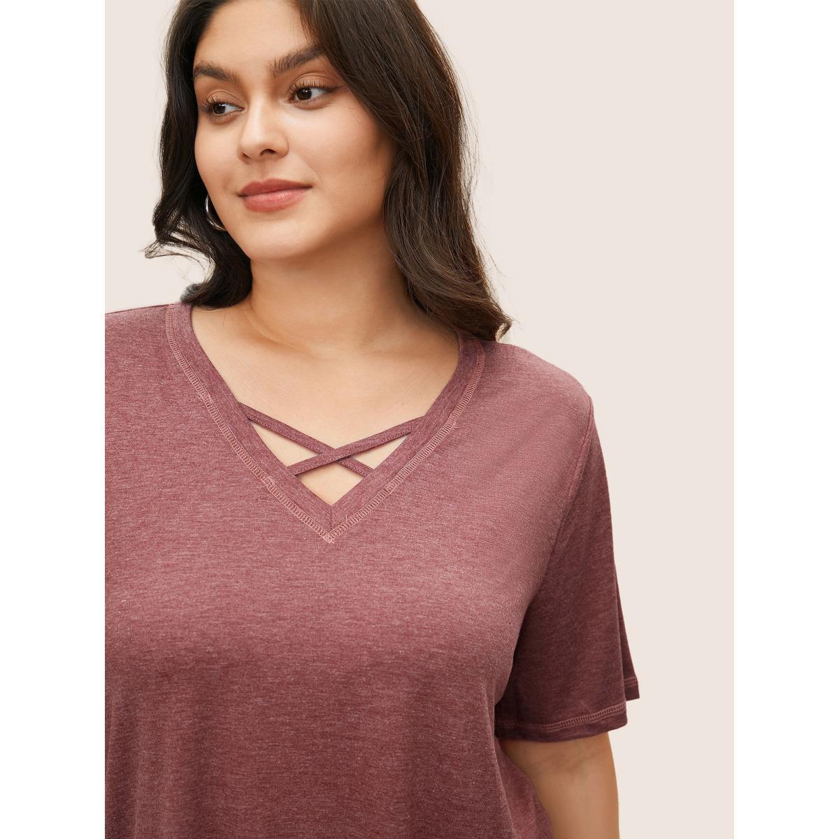 Plus Size Solid Crisscross Neck Contrast Stitch T-shirt Russet Women Casual Plain V-neck Everyday T-shirts BloomChic 14-16/1X Product Image