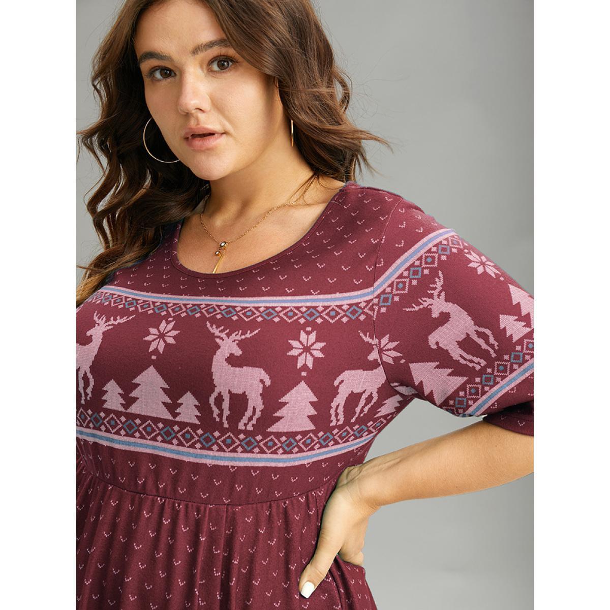 Plus Size Christmas Elk Elastic Waist Hanky Hem Dress Maroon Women Casual Printed Round Neck Half Sleeve Curvy Midi Dress BloomChic 14-16/1X Product Image