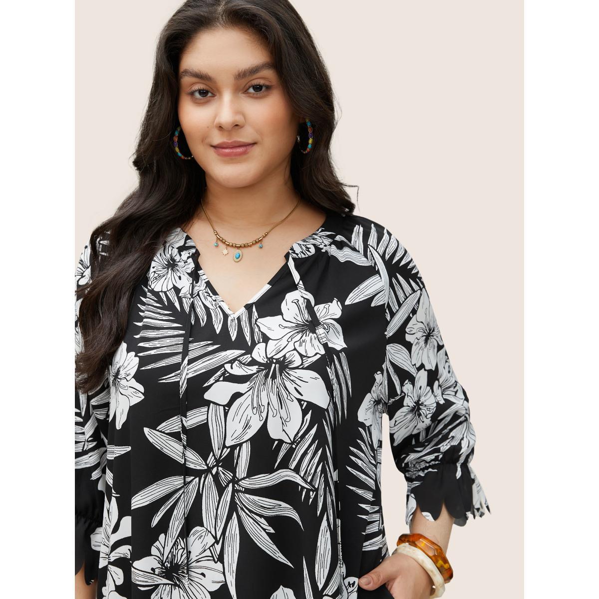 Plus Size Floral Print Tie Neck Scalloped Trim Dress BlackFlower Women Resort Non V-neck Elbow-length sleeve Curvy Midi Dress BloomChic 18-20/2X Product Image