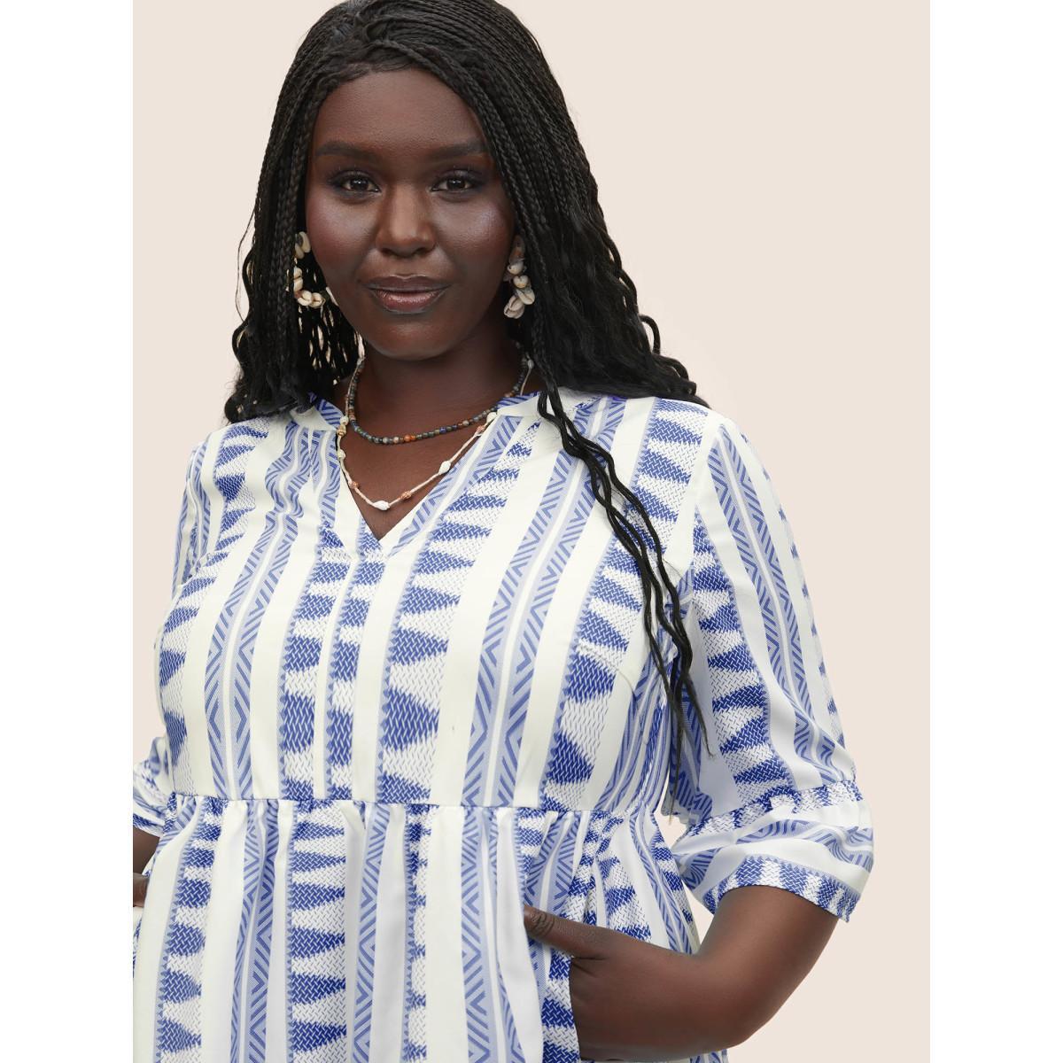 Plus Size Bandana Geometric Notched Ruffle Layered Hem Dress LightBlue Women Resort Non Notched collar Elbow-length sleeve Curvy Midi Dress BloomChic 28/5X Product Image