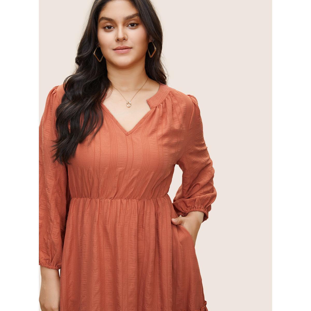 Plus Size Plisse Notched Ruffle Trim Layered Hem Dress Chocolate Women Elegant Non Notched collar Long Sleeve Curvy Midi Dress BloomChic 18-20/2X Product Image