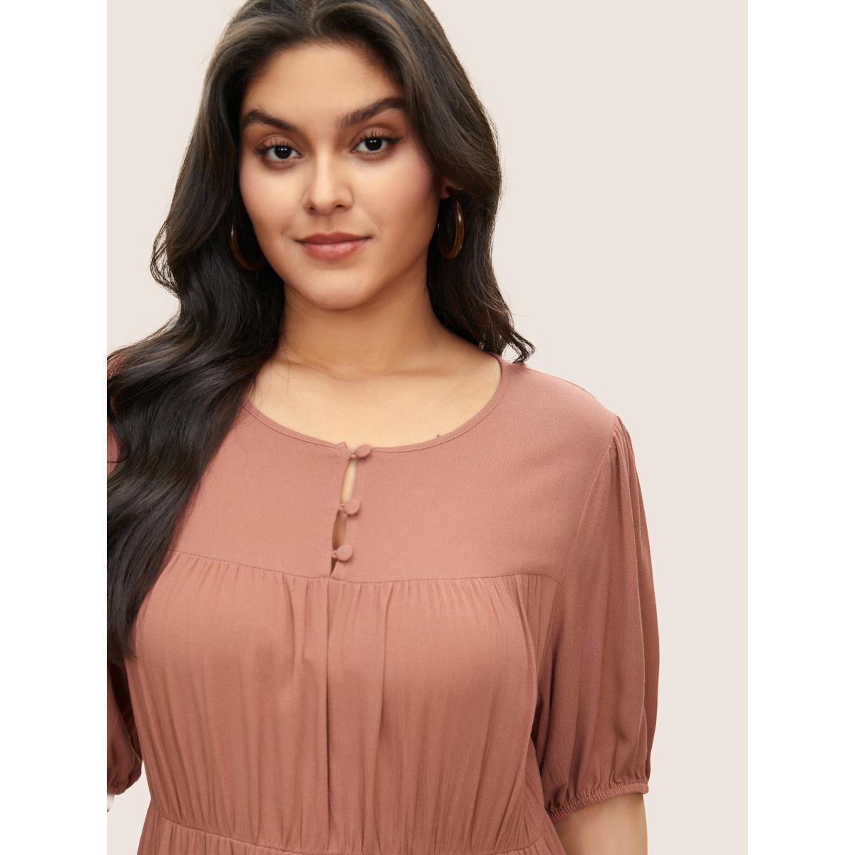 Plus Size Elastic Waist Patchwork Gathered Rayon Dress Russet Women Casual Non Round Neck Half Sleeve Curvy Midi Dress BloomChic 18-20/2X Product Image