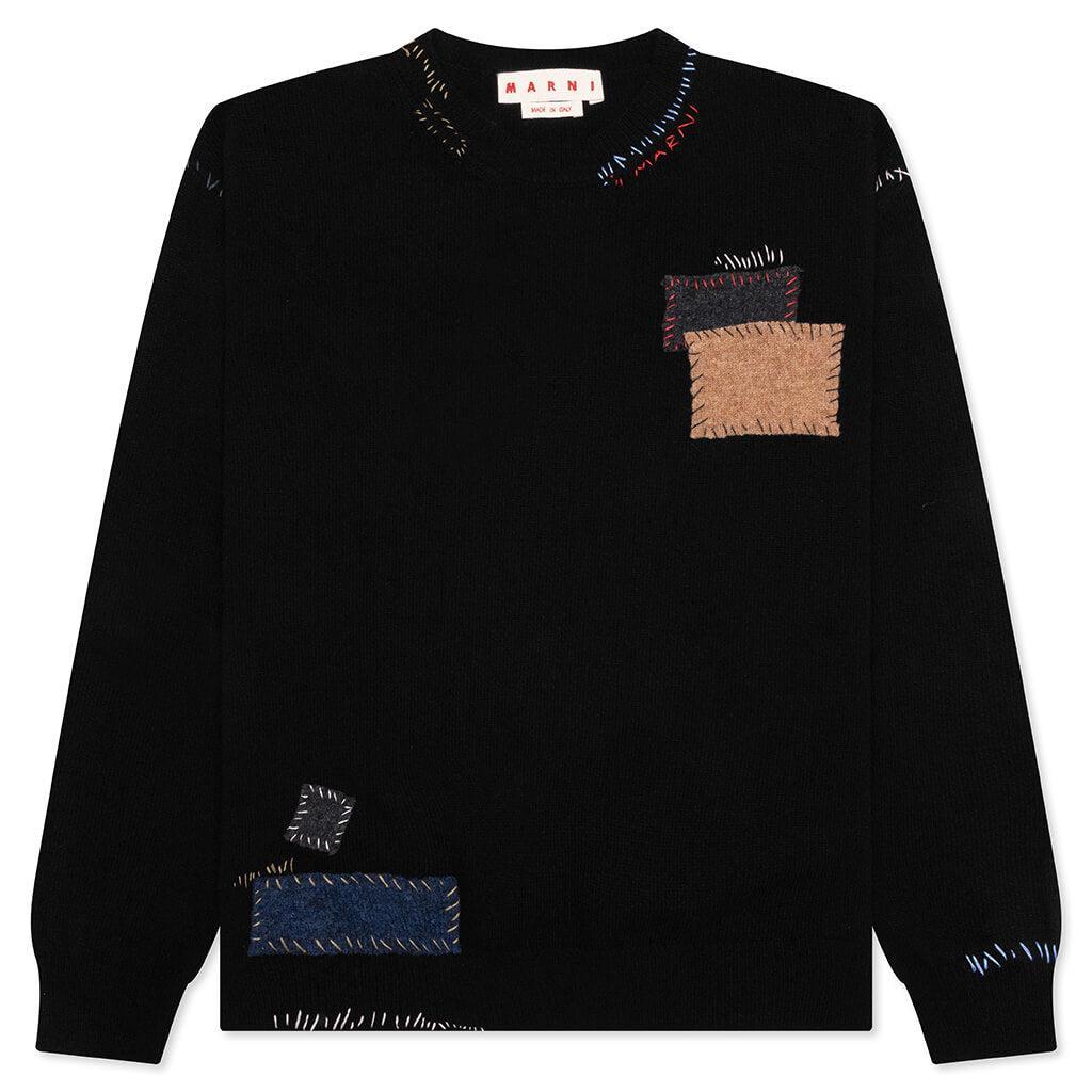 Wool Patch Mending Roundneck Sweater - Black Male Product Image