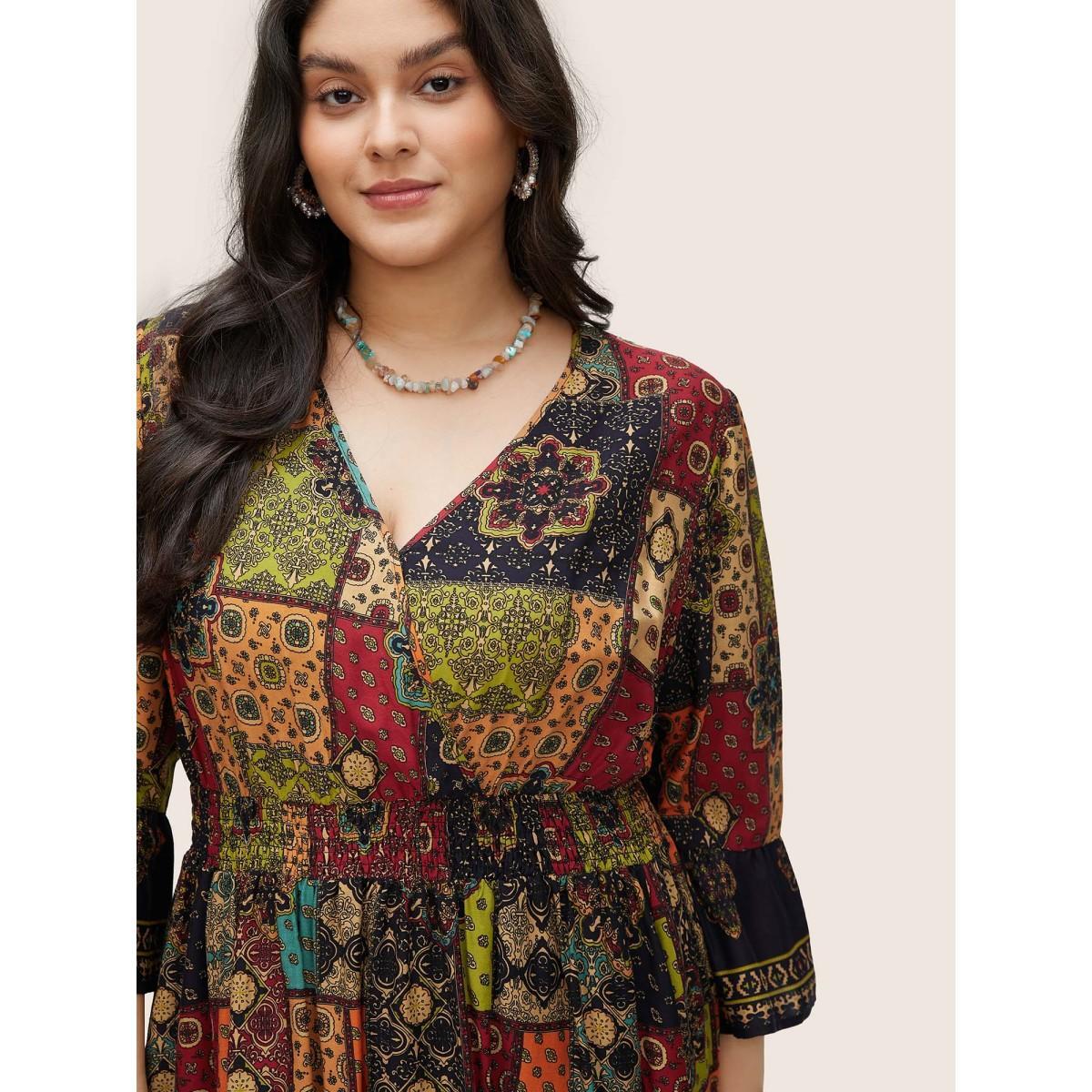 Plus Size Moroccan Print Shirred Elastic Waist Wrap Dress DarkBlue Women Resort Non Overlap Collar Elbow-length sleeve Curvy Midi Dress BloomChic 18-20/2X Product Image
