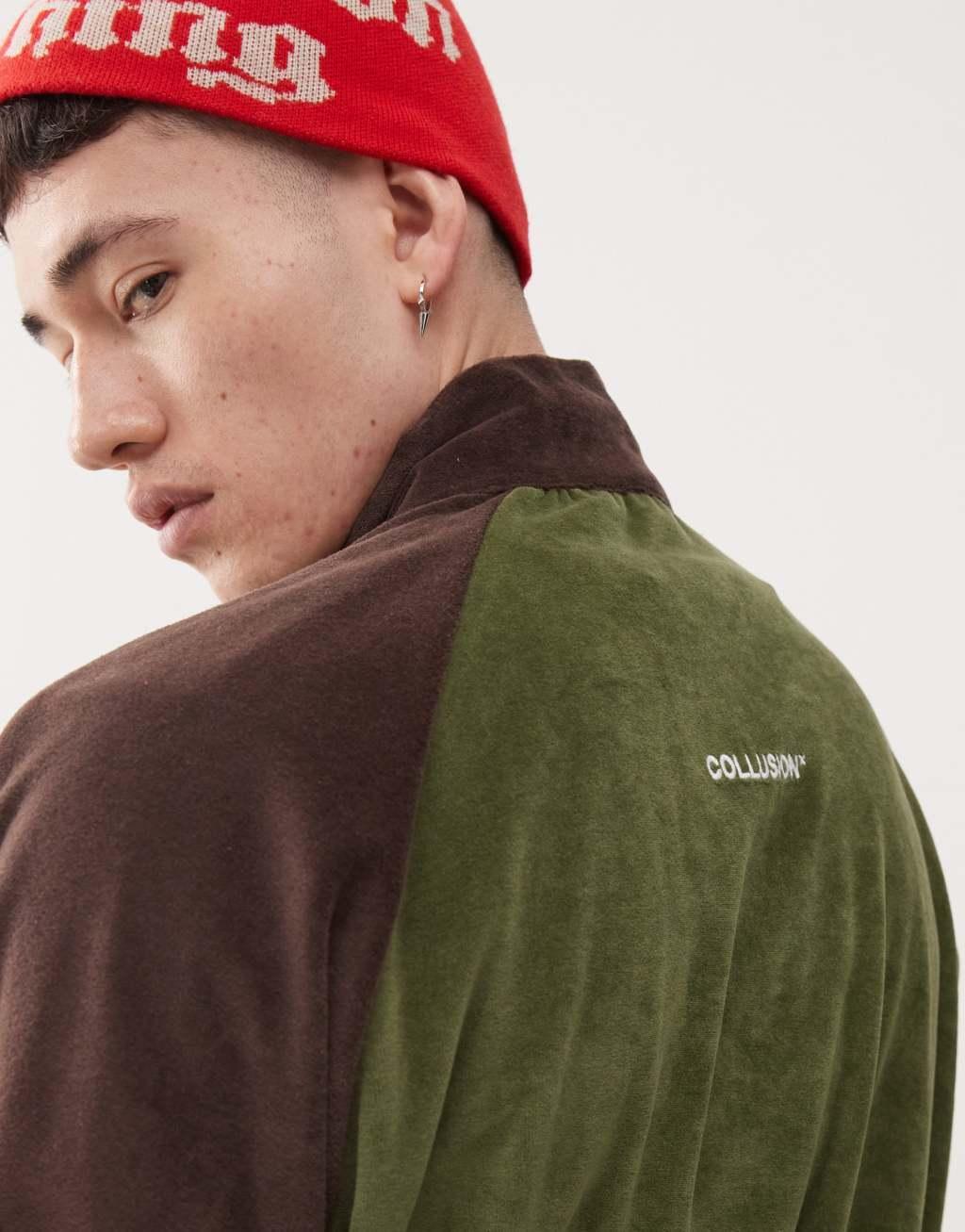 COLLUSION velour contrast panel and seam track jacket in brown and green - part of a set Product Image