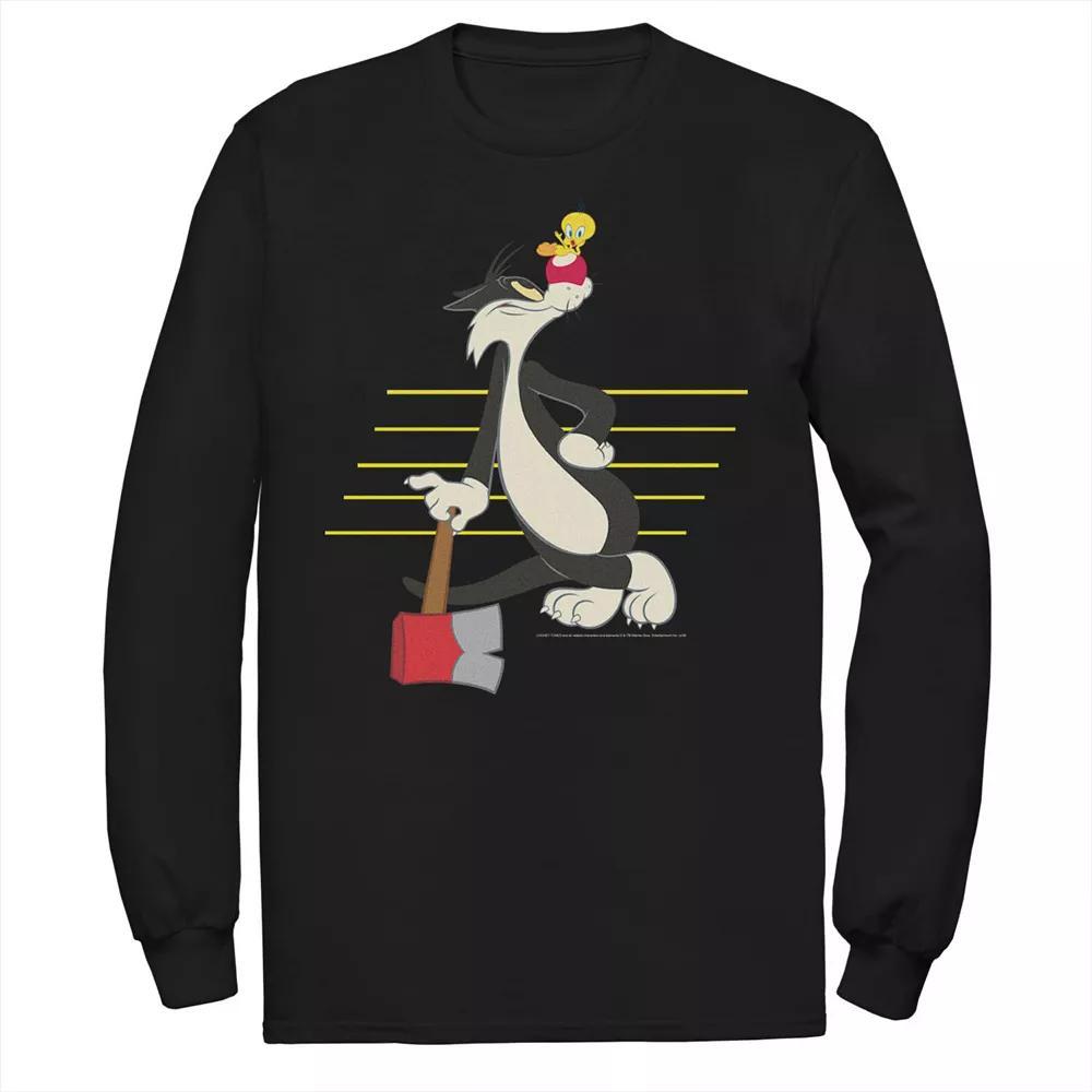 Men's Looney Tunes Sylvester & Tweety Lined Portrait Long Sleeve Tee, Size: Small, Black Product Image