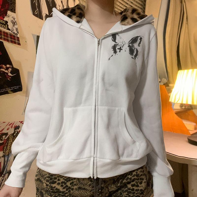 Butterfly Print Zip-Up Hoodie Product Image