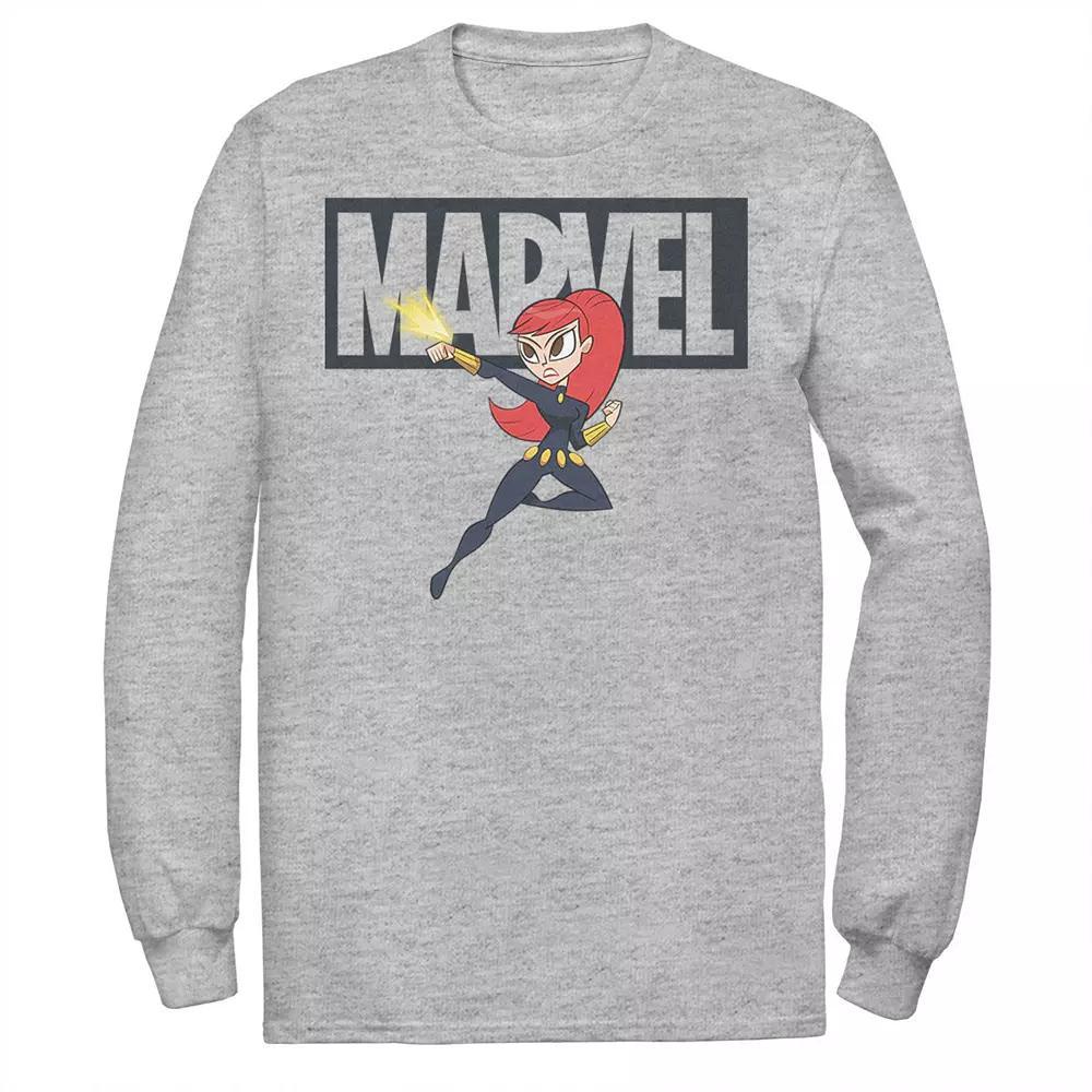 Men's Marvel Black Widow Chibi Action Pose Logo Outline Tee, Size: Medium, Athletic Grey Product Image