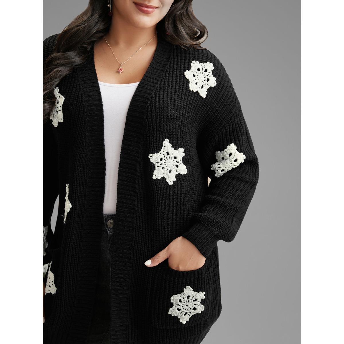 Plus Size Snowflakes Embroidered Open Cardigan Black Women Casual Loose Long Sleeve Everyday Cardigans BloomChic 22-24/3X Product Image