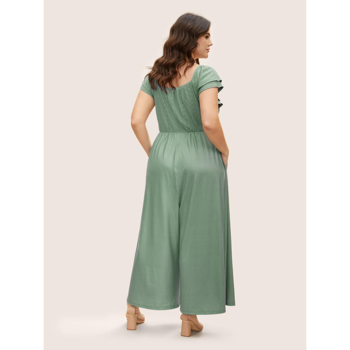 Plus Size Sage Eyelet Embroidery Tiered Ruffle Trim Jumpsuit Women Elegant Cap Sleeve Heart neckline Everyday Loose Jumpsuits BloomChic 12/L Product Image