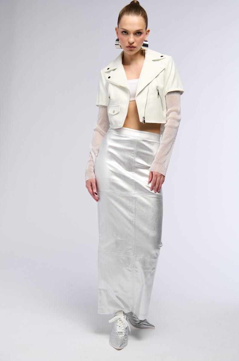 ACEROLA BLING RHINESTONE SLEEVE MOTO JACKET IN WHITE Product Image