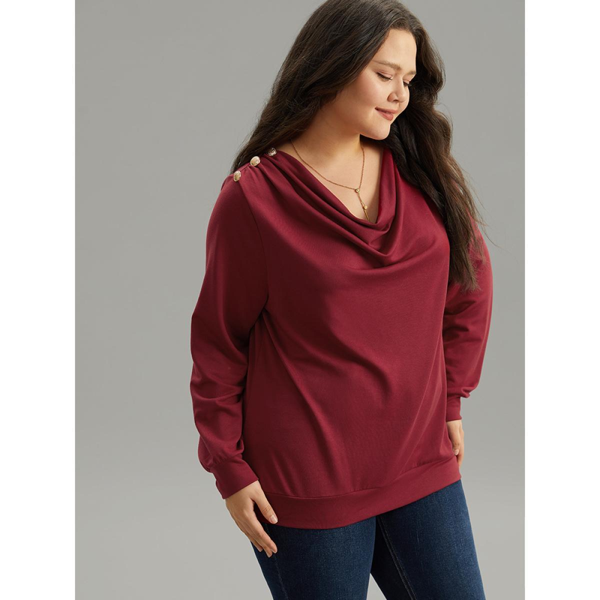 Plus Size Solid Cowl Neck Metal Detail Sweatshirt Women Red Elegant Plain Cowl Neck Dailywear Sweatshirts BloomChic 30/6X Product Image