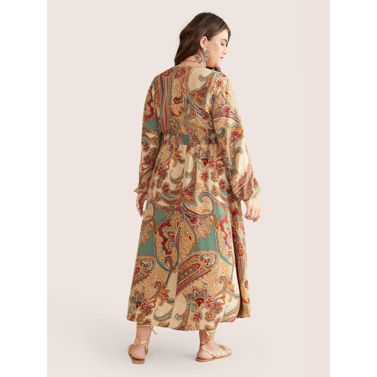 Plus Size Paisley Shirred Split Side Overlap Collar Dress Apricot Women Vacation Elastic cuffs Overlap Collar Long Sleeve Curvy Midi Dress BloomChic 12/L Product Image
